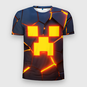 Мужская футболка 3D Slim с принтом ОГНЕННЫЙ КРИПЕР | 3D ПЛИТЫ   FIRE CREEPER в Курске, 100% полиэстер с улучшенными характеристиками | приталенный силуэт, круглая горловина, широкие плечи, сужается к линии бедра | 3d | 3d плиты | 3d разлом | block | creeper | cube | fire | flame | game | geometry | hexagon | minecraft | neon | pixel | tnt | блок | гаст | геометрия | детям | компьютерная игра | крафт | крипер | кубики | майнкрафт | неон | огненный майк