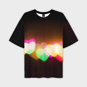Мужская футболка OVERSIZE 3D с принтом Горящие сердца всех цветов радуги ,  |  | Тематика изображения на принте: гирлянда | горящие сердца | любовь | неоновый свет | радуга | разноцветные огни | сердечки | сердце | тепло | тёплый свет | цвета радуги