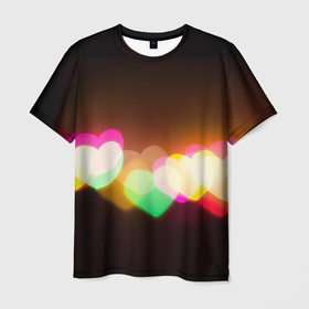 Мужская футболка 3D с принтом Горящие сердца всех цветов радуги в Санкт-Петербурге, 100% полиэфир | прямой крой, круглый вырез горловины, длина до линии бедер | гирлянда | горящие сердца | любовь | неоновый свет | радуга | разноцветные огни | сердечки | сердце | тепло | тёплый свет | цвета радуги