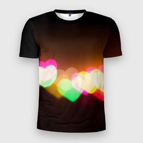 Мужская футболка 3D Slim с принтом Горящие сердца всех цветов радуги в Новосибирске, 100% полиэстер с улучшенными характеристиками | приталенный силуэт, круглая горловина, широкие плечи, сужается к линии бедра | гирлянда | горящие сердца | любовь | неоновый свет | радуга | разноцветные огни | сердечки | сердце | тепло | тёплый свет | цвета радуги