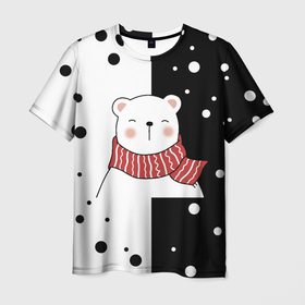 Мужская футболка 3D с принтом ЧЁРНО БЕЛЫЙ МИШКА в Екатеринбурге, 100% полиэфир | прямой крой, круглый вырез горловины, длина до линии бедер | белый | горошек | зима | медведь | милый | мишка | подарок | прикол | пушистый | фон | чб | черный | шарф