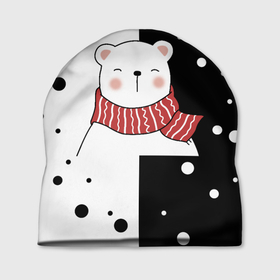 Шапка 3D с принтом ЧЁРНО БЕЛЫЙ МИШКА в Санкт-Петербурге, 100% полиэстер | универсальный размер, печать по всей поверхности изделия | белый | горошек | зима | медведь | милый | мишка | подарок | прикол | пушистый | фон | чб | черный | шарф
