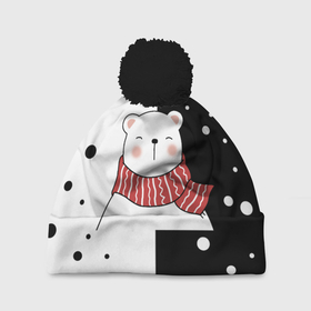 Шапка 3D c помпоном с принтом ЧЁРНО БЕЛЫЙ МИШКА в Новосибирске, 100% полиэстер | универсальный размер, печать по всей поверхности изделия | белый | горошек | зима | медведь | милый | мишка | подарок | прикол | пушистый | фон | чб | черный | шарф