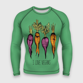 Мужской рашгард 3D с принтом I love vegans в Екатеринбурге,  |  | beets | carrots | female legs | i love vegans | scallops | steep hips | женские ноги | крутые бёдра | морковка | свекла | сксуальная | я люблю веганов