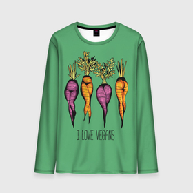 Мужской лонгслив 3D с принтом I love vegans в Екатеринбурге, 100% полиэстер | длинные рукава, круглый вырез горловины, полуприлегающий силуэт | Тематика изображения на принте: beets | carrots | female legs | i love vegans | scallops | steep hips | женские ноги | крутые бёдра | морковка | свекла | сксуальная | я люблю веганов