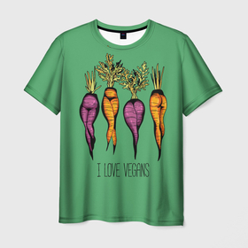 Мужская футболка 3D с принтом I love vegans в Тюмени, 100% полиэфир | прямой крой, круглый вырез горловины, длина до линии бедер | Тематика изображения на принте: beets | carrots | female legs | i love vegans | scallops | steep hips | женские ноги | крутые бёдра | морковка | свекла | сксуальная | я люблю веганов