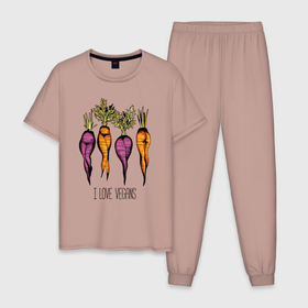Мужская пижама хлопок с принтом I love vegans. в Екатеринбурге, 100% хлопок | брюки и футболка прямого кроя, без карманов, на брюках мягкая резинка на поясе и по низу штанин
 | Тематика изображения на принте: beets | carrots | female legs | i love vegans | scallops | steep hips | женские ноги | крутые бёдра | морковка | свекла | сксуальная | я люблю веганов