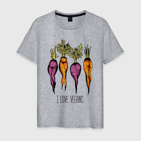 Мужская футболка хлопок с принтом I love vegans. в Екатеринбурге, 100% хлопок | прямой крой, круглый вырез горловины, длина до линии бедер, слегка спущенное плечо. | Тематика изображения на принте: beets | carrots | female legs | i love vegans | scallops | steep hips | женские ноги | крутые бёдра | морковка | свекла | сксуальная | я люблю веганов
