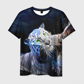 Мужская футболка 3D с принтом Неоновый тигр в воде в Белгороде, 100% полиэфир | прямой крой, круглый вырез горловины, длина до линии бедер | Тематика изображения на принте: 2022 | tdrnewyear22 | год тигра | неоновый тигр | новый год | тигр