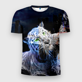 Мужская футболка 3D Slim с принтом Неоновый тигр в воде в Белгороде, 100% полиэстер с улучшенными характеристиками | приталенный силуэт, круглая горловина, широкие плечи, сужается к линии бедра | Тематика изображения на принте: 2022 | tdrnewyear22 | год тигра | неоновый тигр | новый год | тигр