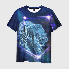 Мужская футболка 3D с принтом Тигр идет по млечному пути в Курске, 100% полиэфир | прямой крой, круглый вырез горловины, длина до линии бедер | млченый путь | неоновый тигр | символ года | синий тигр | хищник