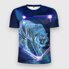Мужская футболка 3D Slim с принтом Тигр идет по млечному пути в Курске, 100% полиэстер с улучшенными характеристиками | приталенный силуэт, круглая горловина, широкие плечи, сужается к линии бедра | млченый путь | неоновый тигр | символ года | синий тигр | хищник
