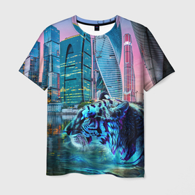 Мужская футболка 3D с принтом Плывущий хищник в Петрозаводске, 100% полиэфир | прямой крой, круглый вырез горловины, длина до линии бедер | водяной тигр | год тигра | плывущий тигр | тигр в воде | хищник