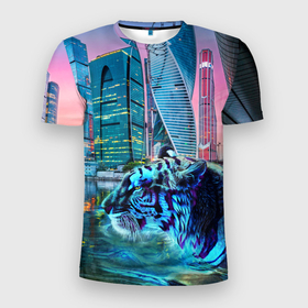 Мужская футболка 3D Slim с принтом Плывущий хищник в Петрозаводске, 100% полиэстер с улучшенными характеристиками | приталенный силуэт, круглая горловина, широкие плечи, сужается к линии бедра | водяной тигр | год тигра | плывущий тигр | тигр в воде | хищник