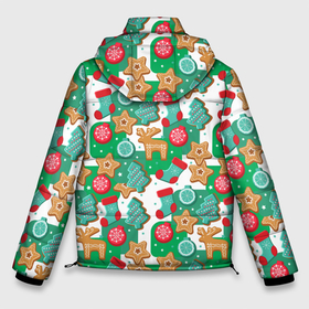 Мужская зимняя куртка 3D с принтом Новогодние печеньки в Тюмени, верх — 100% полиэстер; подкладка — 100% полиэстер; утеплитель — 100% полиэстер | длина ниже бедра, свободный силуэт Оверсайз. Есть воротник-стойка, отстегивающийся капюшон и ветрозащитная планка. 

Боковые карманы с листочкой на кнопках и внутренний карман на молнии. | Тематика изображения на принте: елка | елочные игрушки | елочные украшения | елочный шар | звезды | новый год | олени | печенье | печеньки | рождественское печенье | рождество