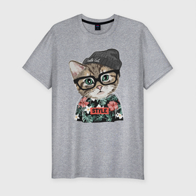 Мужская футболка хлопок Slim с принтом Принт с котёнком Хипстер в Екатеринбурге, 92% хлопок, 8% лайкра | приталенный силуэт, круглый вырез ворота, длина до линии бедра, короткий рукав | детский | котята | милый | стиль | хипстер