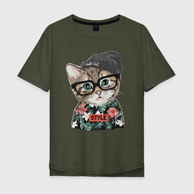 Мужская футболка хлопок Oversize с принтом Принт с котёнком Хипстер в Екатеринбурге, 100% хлопок | свободный крой, круглый ворот, “спинка” длиннее передней части | детский | котята | милый | стиль | хипстер