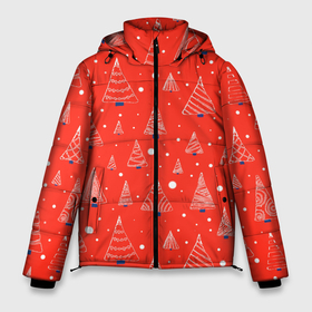 Мужская зимняя куртка 3D с принтом Контур из белых елочек на красном фоне с синим снегом , верх — 100% полиэстер; подкладка — 100% полиэстер; утеплитель — 100% полиэстер | длина ниже бедра, свободный силуэт Оверсайз. Есть воротник-стойка, отстегивающийся капюшон и ветрозащитная планка. 

Боковые карманы с листочкой на кнопках и внутренний карман на молнии. | белые елочки | ели в снегу | елки | елочный паттерн | зимние ело | красный фон белые елки | новогодние краски | новогодние паттерны | новогодняя | паттерн из елок | праздничная