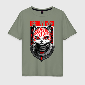 Мужская футболка хлопок Oversize с принтом Кошка с красными глазами в Кировске, 100% хлопок | свободный крой, круглый ворот, “спинка” длиннее передней части | 