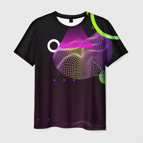 Мужская футболка 3D с принтом Яркая геометрия в Екатеринбурге, 100% полиэфир | прямой крой, круглый вырез горловины, длина до линии бедер | геометрия | линии | полоски | сетка | фигура | фигуры