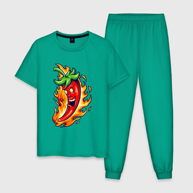 Мужская пижама хлопок с принтом Огненный перец , 100% хлопок | брюки и футболка прямого кроя, без карманов, на брюках мягкая резинка на поясе и по низу штанин
 | арт | иллюстрация | овощи | огонь | перчик