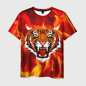 Мужская футболка 3D с принтом Fire Tiger Face 2022 в Санкт-Петербурге, 100% полиэфир | прямой крой, круглый вырез горловины, длина до линии бедер | Тематика изображения на принте: 2022 | animal | cat | fire | tiger | голова | животные | кот | кошка | огонь | тигр