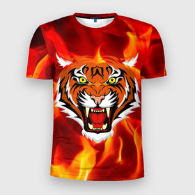 Мужская футболка 3D Slim с принтом Fire Tiger Face 2022 в Санкт-Петербурге, 100% полиэстер с улучшенными характеристиками | приталенный силуэт, круглая горловина, широкие плечи, сужается к линии бедра | Тематика изображения на принте: 2022 | animal | cat | fire | tiger | голова | животные | кот | кошка | огонь | тигр