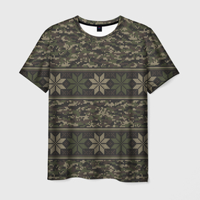 Мужская футболка 3D с принтом Вязанный камуфляж с цветами , 100% полиэфир | прямой крой, круглый вырез горловины, длина до линии бедер | военный | вязанка | камцфляж | паттерн | цветы