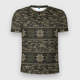 Мужская футболка 3D Slim с принтом Вязанный камуфляж с цветами в Новосибирске, 100% полиэстер с улучшенными характеристиками | приталенный силуэт, круглая горловина, широкие плечи, сужается к линии бедра | военный | вязанка | камцфляж | паттерн | цветы