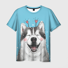 Мужская футболка 3D с принтом Веселая хаски , 100% полиэфир | прямой крой, круглый вырез горловины, длина до линии бедер | dog | забавный | зима | сердце | собака | хаски