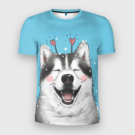 Мужская футболка 3D Slim с принтом Веселая хаски в Екатеринбурге, 100% полиэстер с улучшенными характеристиками | приталенный силуэт, круглая горловина, широкие плечи, сужается к линии бедра | dog | забавный | зима | сердце | собака | хаски
