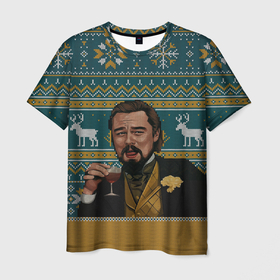 Мужская футболка 3D с принтом Келвин Кенди смеется   с новым годом в Новосибирске, 100% полиэфир | прямой крой, круглый вырез горловины, длина до линии бедер | Тематика изображения на принте: calvin candie | дикаприо с бокалом смеется | келвин кенди | келвин кенди смеется | леонардо дикаприо с бокалом | мем с дикаприо