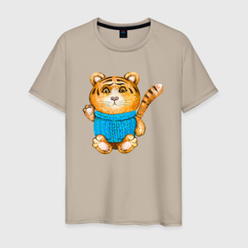 Мужская футболка хлопок с принтом Плюшевый тигренок в Санкт-Петербурге, 100% хлопок | прямой крой, круглый вырез горловины, длина до линии бедер, слегка спущенное плечо. | 2022 | год тигра | новый год | новый год 2022 | символ года | тигр | тигренок | тигрица | тигры