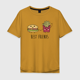 Мужская футболка хлопок Oversize с принтом Hamburger and fries are best friends. в Белгороде, 100% хлопок | свободный крой, круглый ворот, “спинка” длиннее передней части | cartoon characters | holding hands | гамбургер | держаться за руки | картошка фри | лучшие друзья | мультяшные герои