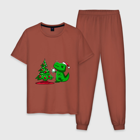 Мужская пижама хлопок с принтом Рождественский динозавр   Christmas dinosaur в Тюмени, 100% хлопок | брюки и футболка прямого кроя, без карманов, на брюках мягкая резинка на поясе и по низу штанин
 | Тематика изображения на принте: christmas | christmas dinosaur | dinosaur | dinozavr | дино | динозавр | елка | новый год | подарок | рождественский | рождество