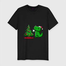 Мужская футболка хлопок Slim с принтом Рождественский динозавр   Christmas dinosaur в Тюмени, 92% хлопок, 8% лайкра | приталенный силуэт, круглый вырез ворота, длина до линии бедра, короткий рукав | Тематика изображения на принте: christmas | christmas dinosaur | dinosaur | dinozavr | дино | динозавр | елка | новый год | подарок | рождественский | рождество