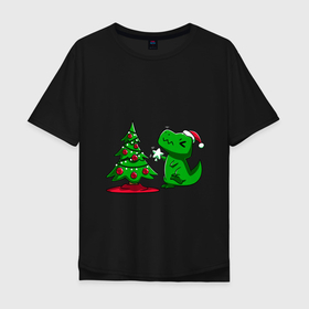 Мужская футболка хлопок Oversize с принтом Рождественский динозавр   Christmas dinosaur в Тюмени, 100% хлопок | свободный крой, круглый ворот, “спинка” длиннее передней части | Тематика изображения на принте: christmas | christmas dinosaur | dinosaur | dinozavr | дино | динозавр | елка | новый год | подарок | рождественский | рождество