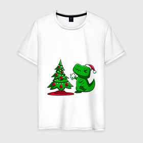 Мужская футболка хлопок с принтом Рождественский динозавр   Christmas dinosaur в Тюмени, 100% хлопок | прямой крой, круглый вырез горловины, длина до линии бедер, слегка спущенное плечо. | Тематика изображения на принте: christmas | christmas dinosaur | dinosaur | dinozavr | дино | динозавр | елка | новый год | подарок | рождественский | рождество