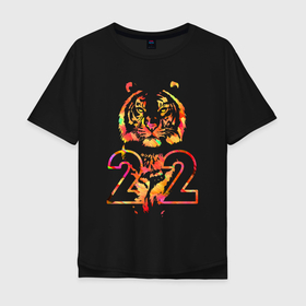 Мужская футболка хлопок Oversize с принтом Альфа новогодний тигр 2022 в Новосибирске, 100% хлопок | свободный крой, круглый ворот, “спинка” длиннее передней части | new year | год тигра | новый год 2022 | символ нового года | тигр | тигр 2022 | яркий рисунок тигра