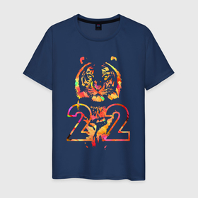 Мужская футболка хлопок с принтом Альфа новогодний тигр 2022 в Новосибирске, 100% хлопок | прямой крой, круглый вырез горловины, длина до линии бедер, слегка спущенное плечо. | new year | год тигра | новый год 2022 | символ нового года | тигр | тигр 2022 | яркий рисунок тигра