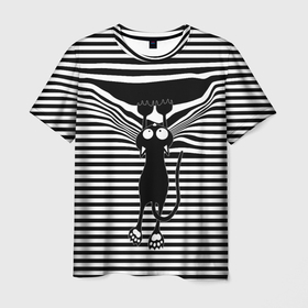 Мужская футболка 3D с принтом Кот рвет тельняшку в Новосибирске, 100% полиэфир | прямой крой, круглый вырез горловины, длина до линии бедер | cat | hung | mad cat | stripes | tears | vest | бешеный кот | кошка | повис | полосы | рвет | тельняшка