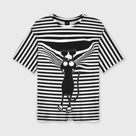 Женская футболка oversize 3D с принтом Кот рвет тельняшку в Екатеринбурге,  |  | cat | hung | mad cat | stripes | tears | vest | бешеный кот | кошка | повис | полосы | рвет | тельняшка