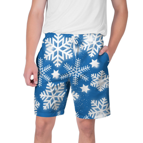 Мужские шорты 3D с принтом Снежное небо в Курске,  полиэстер 100% | прямой крой, два кармана без застежек по бокам. Мягкая трикотажная резинка на поясе, внутри которой широкие завязки. Длина чуть выше колен | Тематика изображения на принте: зима | небо | новый год | снег | снежинки