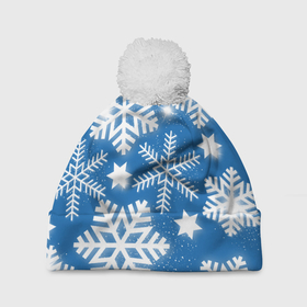Шапка 3D c помпоном с принтом Снежное небо в Тюмени, 100% полиэстер | универсальный размер, печать по всей поверхности изделия | зима | небо | новый год | снег | снежинки