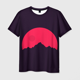 Мужская футболка 3D с принтом Красная луна над сумеречными горами в Петрозаводске, 100% полиэфир | прямой крой, круглый вырез горловины, длина до линии бедер | гора | горы | живопись | картина | красная луна | луна | пейзаж | природа