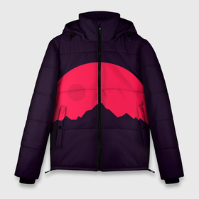 Мужская зимняя куртка 3D с принтом Красная луна над сумеречными горами в Новосибирске, верх — 100% полиэстер; подкладка — 100% полиэстер; утеплитель — 100% полиэстер | длина ниже бедра, свободный силуэт Оверсайз. Есть воротник-стойка, отстегивающийся капюшон и ветрозащитная планка. 

Боковые карманы с листочкой на кнопках и внутренний карман на молнии. | Тематика изображения на принте: гора | горы | живопись | картина | красная луна | луна | пейзаж | природа