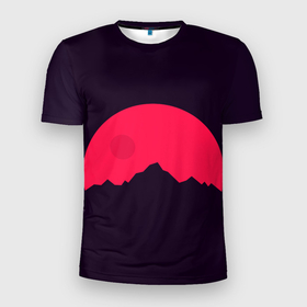 Мужская футболка 3D Slim с принтом Красная луна над сумеречными горами в Новосибирске, 100% полиэстер с улучшенными характеристиками | приталенный силуэт, круглая горловина, широкие плечи, сужается к линии бедра | Тематика изображения на принте: гора | горы | живопись | картина | красная луна | луна | пейзаж | природа