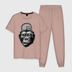 Мужская пижама хлопок с принтом Gorilla brains в Новосибирске, 100% хлопок | брюки и футболка прямого кроя, без карманов, на брюках мягкая резинка на поясе и по низу штанин
 | Тематика изображения на принте: ape | brain | gorilla | горилла | мозги | обезьяна