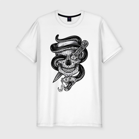 Мужская футболка хлопок Slim с принтом Snake skull в Санкт-Петербурге, 92% хлопок, 8% лайкра | приталенный силуэт, круглый вырез ворота, длина до линии бедра, короткий рукав | bone | knife | skull | snake | змея | кинжал | кость | тату | татуировка | череп