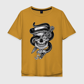 Мужская футболка хлопок Oversize с принтом Snake skull в Петрозаводске, 100% хлопок | свободный крой, круглый ворот, “спинка” длиннее передней части | bone | knife | skull | snake | змея | кинжал | кость | тату | татуировка | череп